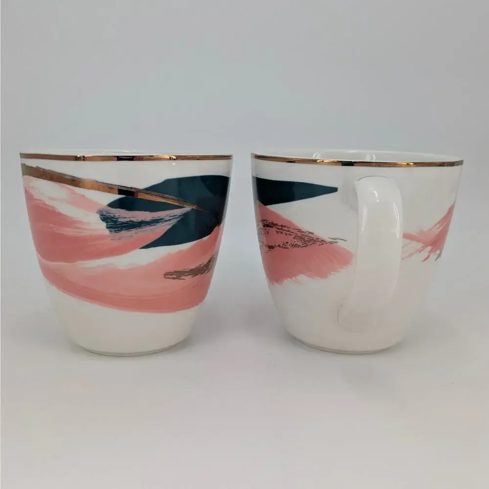 West Elm Ceramic Mug Set Abstract Brushstroke Teal Pink Gold Coffee Tea Cup